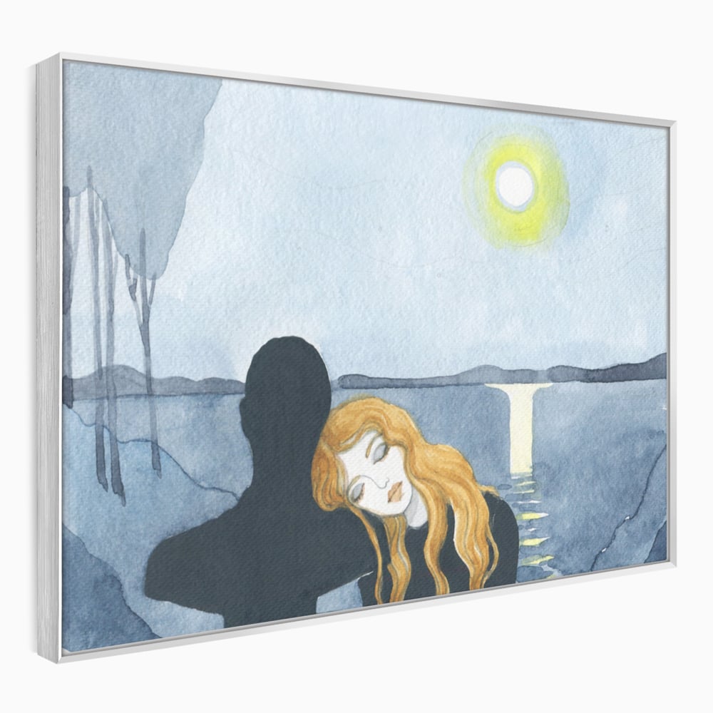 Tablou canvas cu pictura cu un cuplu langa lac, in rama de aluminiu argintiu